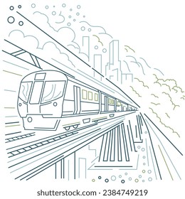 Sleek, modern electric train traverses a bridge that spans a wide, glistening river. Slow travel, future transportation concept. Editable illustration in a simle outline style. Horizontal background