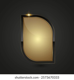 A sleek, modern emblem featuring a curved gold shield-like shape with a glossy finish, outlined by a bold black border. A small starburst at the top-left corner

