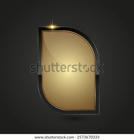 A sleek, modern emblem featuring a curved gold shield-like shape with a glossy finish, outlined by a bold black border. A small starburst at the top-left corner

