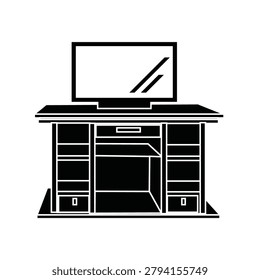 A sleek, modern entertainment center featuring a flat-screen TV and built-in storage drawers in a minimalist black and white design.