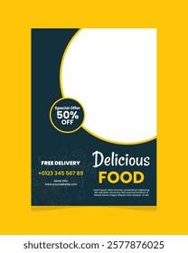 A sleek, modern flyer design for restaurants and fast food businesses, featuring vibrant visuals, enticing food images, and clear, concise details to attract customers and boost sales