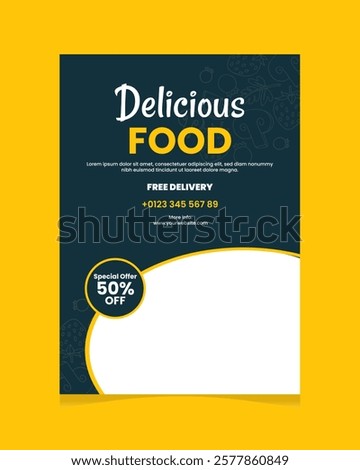 A sleek, modern flyer design for restaurants and fast food businesses, featuring vibrant visuals, enticing food images, and clear, concise details to attract customers and boost sales