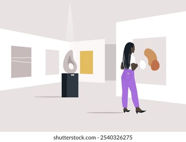 In a sleek modern gallery, a character stands captivated by an abstract painting, surrounded by vibrant artwork and soft lighting