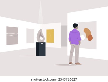 In a sleek modern gallery, a character stands captivated by an abstract painting, surrounded by vibrant artwork and soft lighting