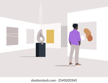 In a sleek modern gallery, a character stands captivated by an abstract painting, surrounded by vibrant artwork and soft lighting