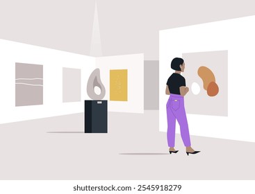 In a sleek modern gallery, a character stands captivated by an abstract painting, surrounded by vibrant artwork and soft lighting