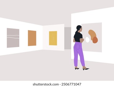 In a sleek modern gallery, a woman stands captivated by an abstract painting, surrounded by vibrant artwork and soft lighting