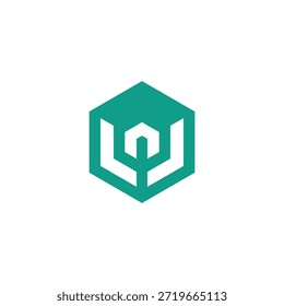Diseño de logotipo abstracto geométrico elegante y moderno dentro de un hexágono verde azulado vibrante, que encarna la innovación, el progreso digital y los principios fundamentales sólidos para la marca moderna