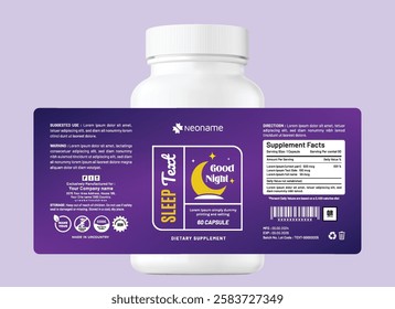 Sleek and modern good night sleep supplement label with a minimalist, focusing on wellness and sleep themes ideal for health and wellness jar bottle and pouch bag product.