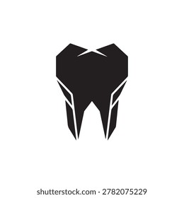 A sleek, modern graphic of a human tooth rendered in bold black and white geometric shapes. The design features sharp, angular lines and subtle gradients to create depth, emphasizing the tooth's struc.