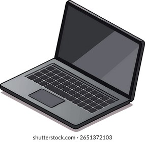 Um laptop elegante, moderno e cinza é mostrado em uma visão isométrica contra um fundo branco limpo. O dispositivo possui um teclado escuro e uma tela reflexiva, sugerindo tecnologia e conectividade.