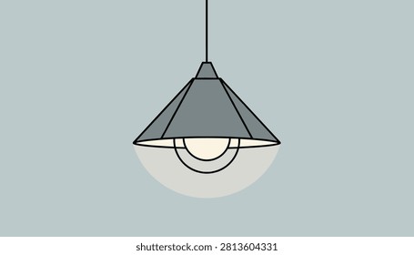 Sleek modern grey pendant ceiling lamp shining a warm soft light downwards against a plain pastel blue background wall.