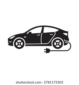 A sleek, modern hatchback electric car depicted in a bold, monochromatic silhouette style. The vehicle is connected to a charging plug symbolizing electric power, emphasizing sustainability and eco-fr.