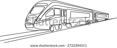 Sleek modern high-speed train design, depicted in a minimalist line art style. Train interior with windows and doors. Vehicle moving along parallel railway tracks. Futuristic transport concept, travel and journey illustration. Simple outline drawing of a train on transparent background.