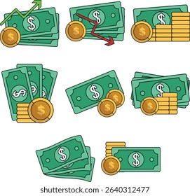 A sleek, modern icon set featuring currency symbols, wallets, and financial elements—ideal for banking, finance, and e-commerce designs.