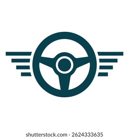 A sleek and modern icon of a steering wheel with wings, symbolizing speed, freedom, and mobility in transportation. Ideal for automotive branding, travel services, and navigation-related designs.