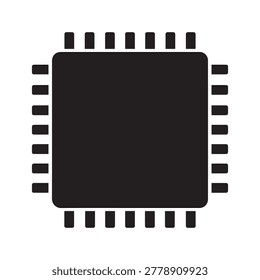 A sleek, modern illustration of a quad flat-pack integrated circuit (QFP) chip with black fill and white outline. The design features evenly spaced pins around the perimeter, rendered in a clean, flat.