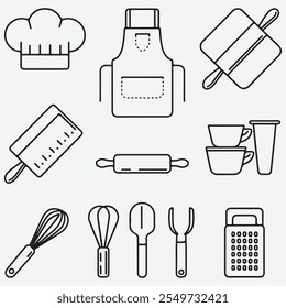 Sleek Modern Kitchen Essentials Icon Set - Vector Line Art for UI UX Design (Chef Hat, Apron, Cutting Board, Rolling Pin, Measuring Cups, Whisk and More)