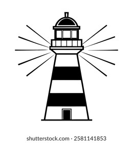 sleek modern lighthouse icon. geometric navy blue lighthouse vector. professional lighthouse silhouette with radiant beam.