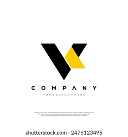 A sleek and modern logo design featuring black and yellow geometric shapes forming a stylized V and K with placeholder text for company name and slogan