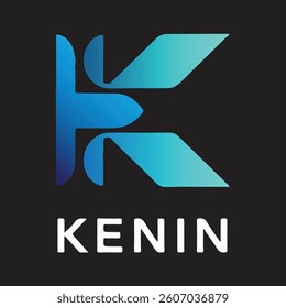A sleek and modern logo design featuring a stylized letter "K" with a dynamic gradient of blue shades, set against a dark background. 