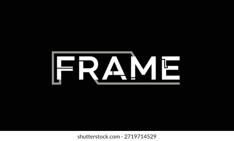 A sleek and modern logo design featuring the word 'FRAME' in bold white typography against a stark black background. The text is enclosed within a