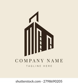 A sleek, modern logo design featuring an abstract building or skyscraper in dark brown on a light cream background. Ideal for real estate, construction, or urban development.