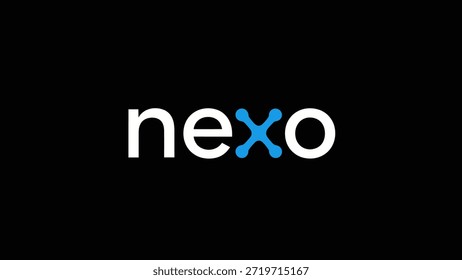Um logotipo elegante e moderno com a palavra "nexo" em letras brancas nítidas contra um fundo preto. A letra "o" é substituída por uma