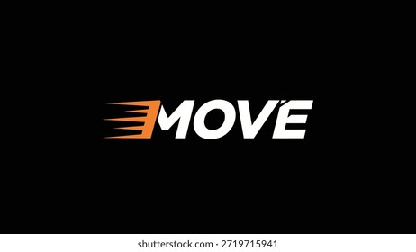 A sleek and modern logo featuring the word 'MOVE' in bold white lettering, accompanied by an orange abstract symbol resembling speed lines or a