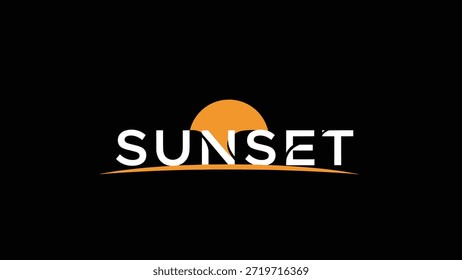 Um logotipo elegante e moderno com a palavra "SUNSET" em tipografia branca, sobreposta com uma vibrante silhueta laranja sol. O design minimalista é definido