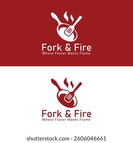 A sleek, modern logo for Fork and Flame Restaurant, blending a fork and flame icon to symbolize fine dining and grilled cuisine. Bold yet elegant typography adds a touch of sophistication and warmth.