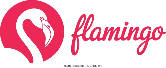 Un logotipo elegante y moderno que presenta una cabeza y un cuello de flamenco estilizados dentro de un círculo rosa audaz, ideal para la marca.