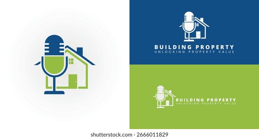 Um logotipo elegante e moderno para um podcast de avaliador de propriedades combina um microfone com um gráfico da casa, simbolizando discussões sobre imóveis. O esquema de cores é profissional e acessível.