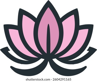 A sleek and modern lotus flower icon with a minimalist design. The petals are soft pink, outlined with bold black strokes, creating a striking contrast. The symmetrical composition emphasizes balance