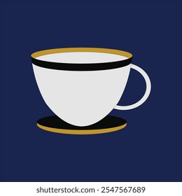 A sleek and modern minimalist coffee cup illustration featuring a white cup with golden accents on a dark blue background. The clean and elegant design exudes simplicity and sophistication.