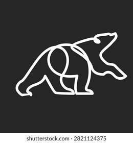 A sleek and modern minimalist continuous line art illustration depicts a bear in a walking posture, rendered with a single white stroke on a dark background. This graphic design is ideal for branding, logos, animal-themed projects, or contemporary nature and wildlife concepts.
