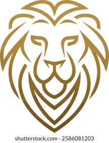 A sleek and modern minimalist lion head logo icon designed with elegant gold line art. This abstract and stylish lion face is created using smooth, curved strokes, exuding luxury, power, 