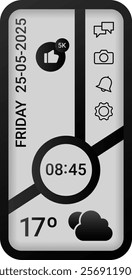 A sleek and modern mobile phone UI featuring a vertical layout with time, date, weather, and notification icons for messages, photos, alerts, and settings