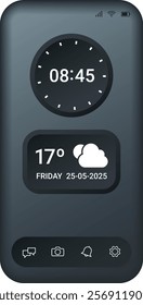 A sleek and modern mobile phone UI featuring a circular clock widget, weather information, and a bottom navigation bar with icons for messages, camera, notifications, and settings
