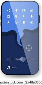 A sleek and modern mobile user interface design showcasing various app icons arranged on a gradient background with a music control panel at the bottom