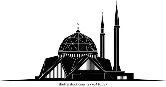 A sleek, modern mosque design featuring a large dome and two tall minarets, showcasing contemporary Islamic architecture