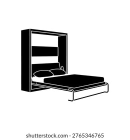 A sleek, modern Murphy bed in a dark, minimalist design, featuring a comfortable mattress and pillows, ready for use.