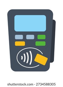 A sleek, modern payment terminal designed for contactless transactions, featuring a digital screen and colorful buttons.