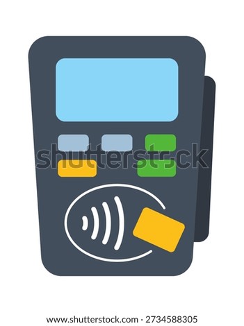 A sleek, modern payment terminal designed for contactless transactions, featuring a digital screen and colorful buttons.