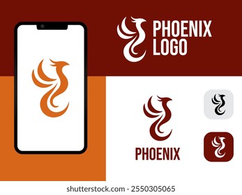 A sleek and modern phoenix bird logo, featuring a minimalist design and a vibrant color palette of orange and brown. This logo is perfect for tech startups, a symbol of innovation.