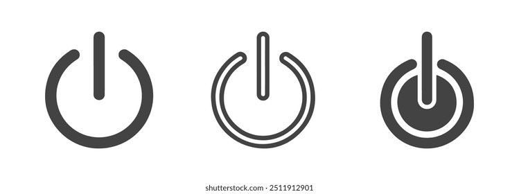 Sleek and modern power button icon set in black and white. Ideal for digital interfaces, technology designs, and device controls. Perfect for web, print, and app usage.