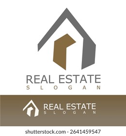 sleek and modern real estate logo featuring a stylized house roof and abstract building shape in gray and brown, symbolizing property, construction, and home investment