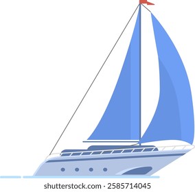 Sleek, modern sailboat gliding across the water, blue sails billowing in the wind, with a vibrant red flag atop the mast enhancing the serene scene