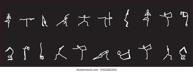 A sleek and modern set of white matchstick figures demonstrating various yoga poses on a black background. This minimalist design creates a bold contrast, making it ideal for use in fitness 