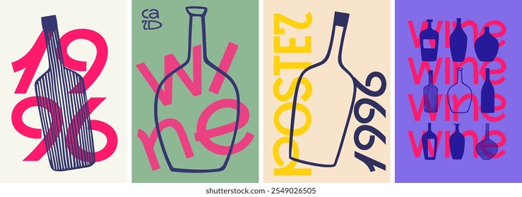 A sleek and modern set of wine posters featuring bold typography, abstract bottle shapes, and retro-inspired designs, ideal for creative branding and events.